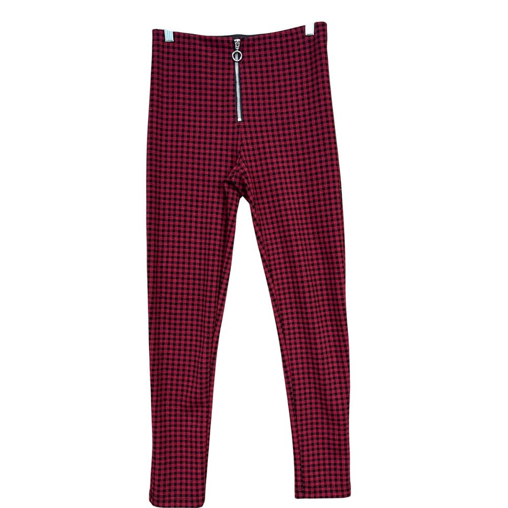 Zara Womens Pants Red Black Plaid Pull On Slim Leg Mid Rise Soft Medium